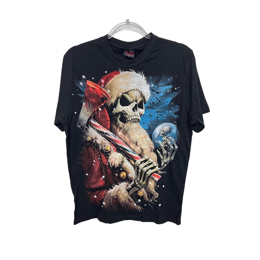 Spiral Direct T-Shirt Mens Medium Black‎ Candy Cane Santa Skull Gothic Graphic